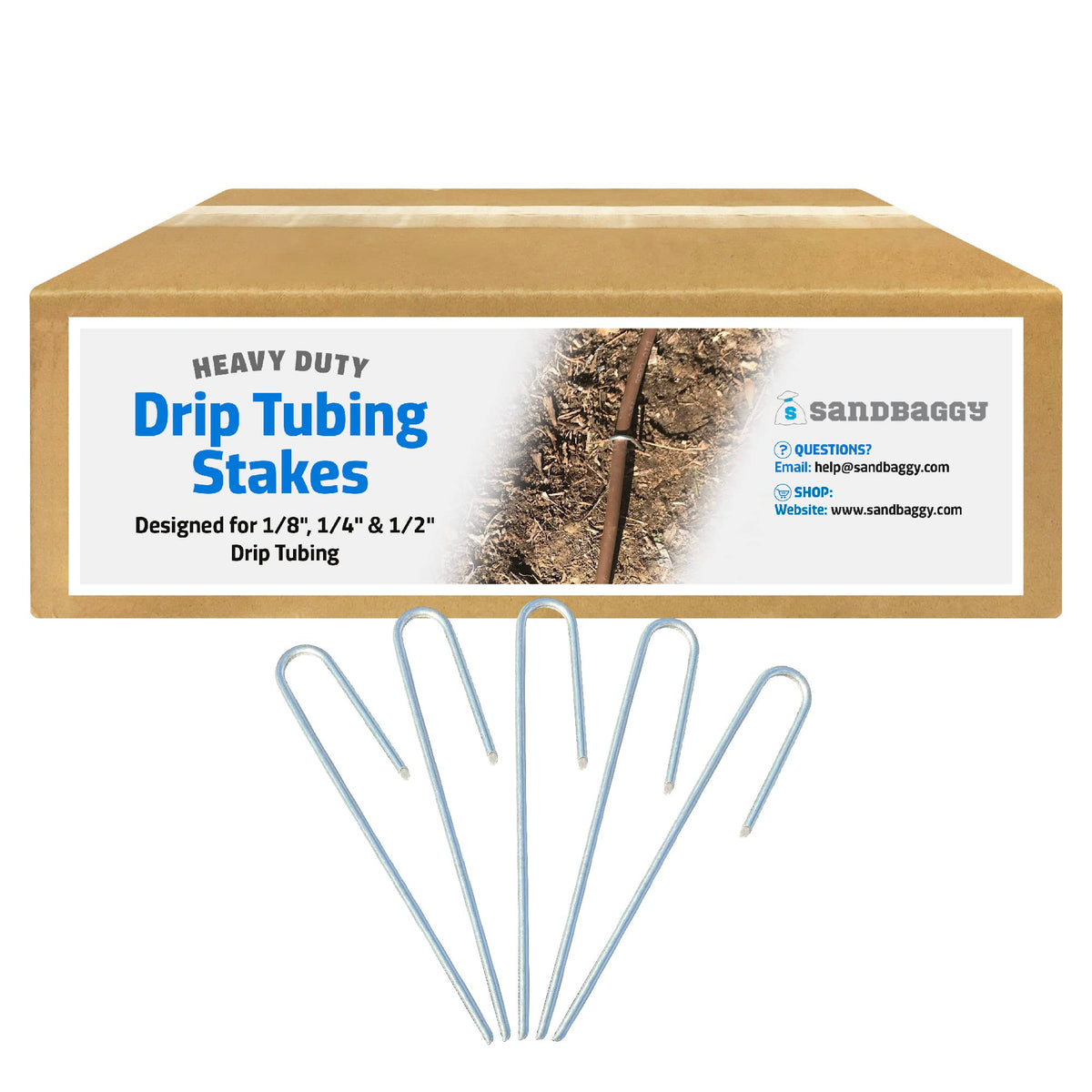 Sandbaggy front pack of 200 stakes showing quantity and purpose, tidy irrigation benefit