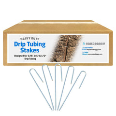 Sandbaggy front pack of 200 stakes showing quantity and purpose, tidy irrigation benefit
