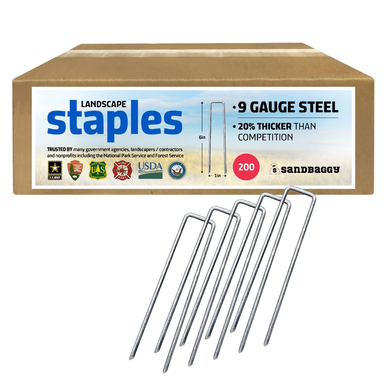 Sandbaggy front packaging showing 200 staples and durable bulk pack benefit