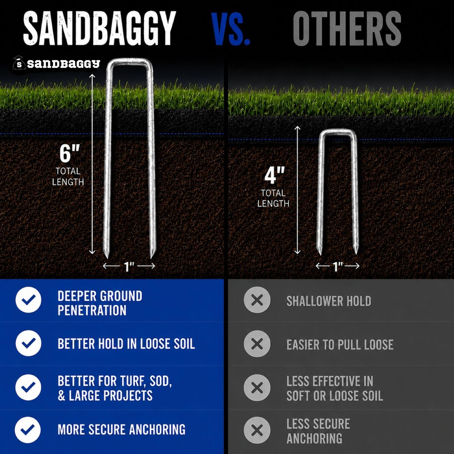 Hand holding Sandbaggy staple to show scale and durability benefit