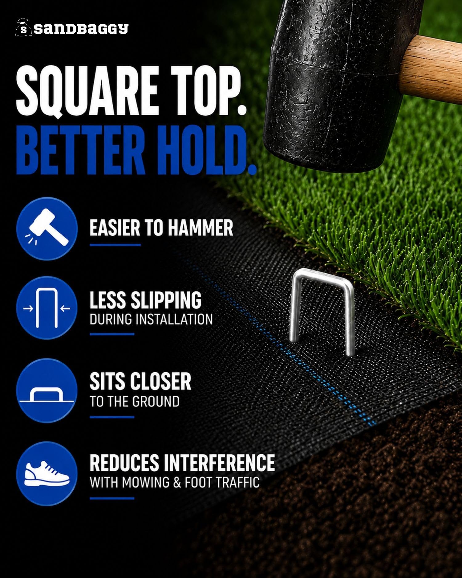 Sandbaggy staples anchoring sod edge to prevent lifting
