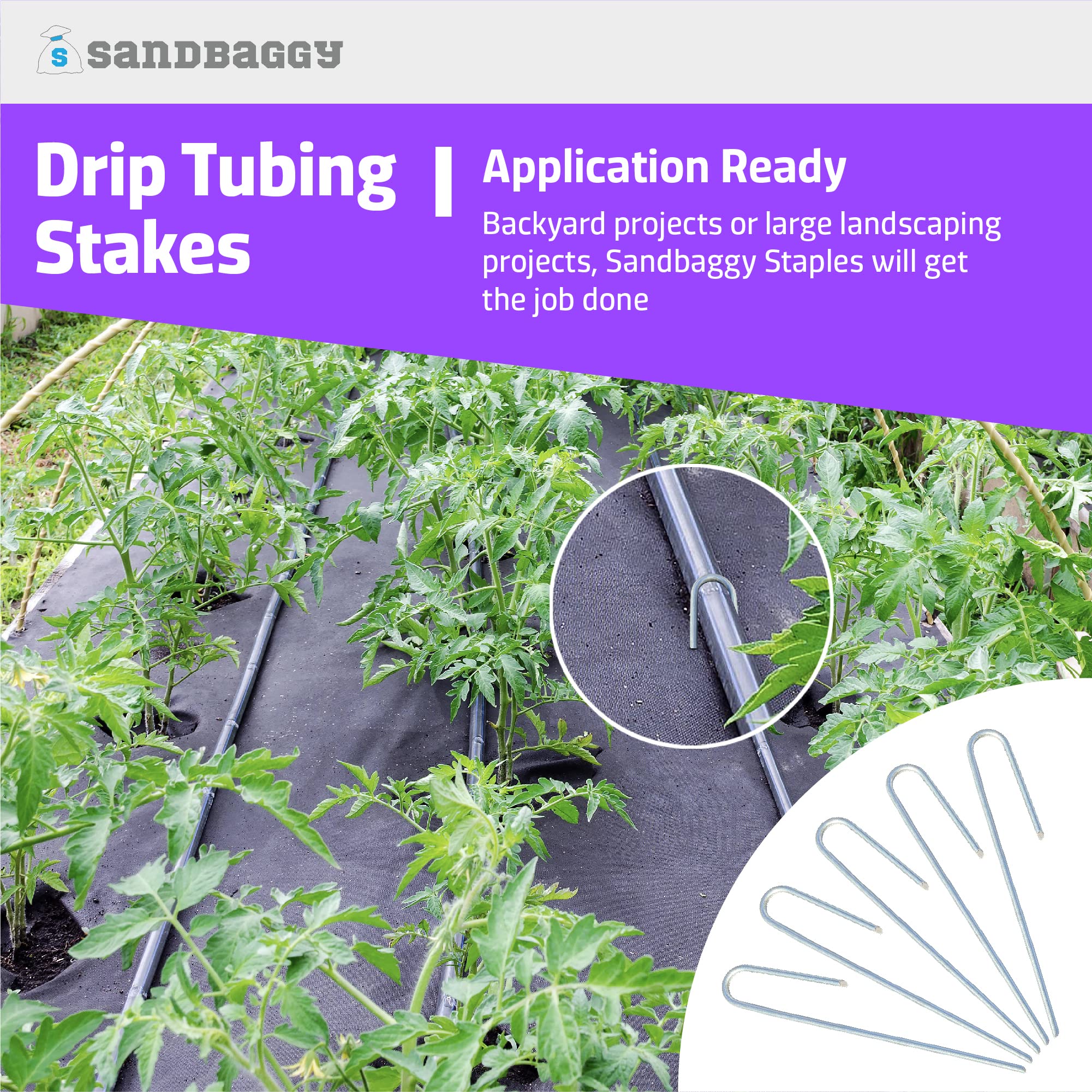 Sandbaggy stakes installed in garden bed securing tubing, keeps irrigation organized