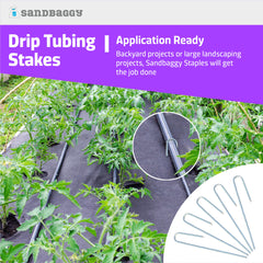 Sandbaggy stakes installed in garden bed securing tubing, keeps irrigation organized