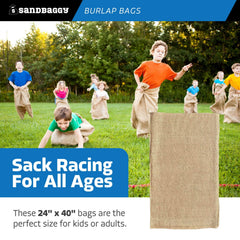 Sandbaggy potato sack race in action, sturdy fabric enabling safe play