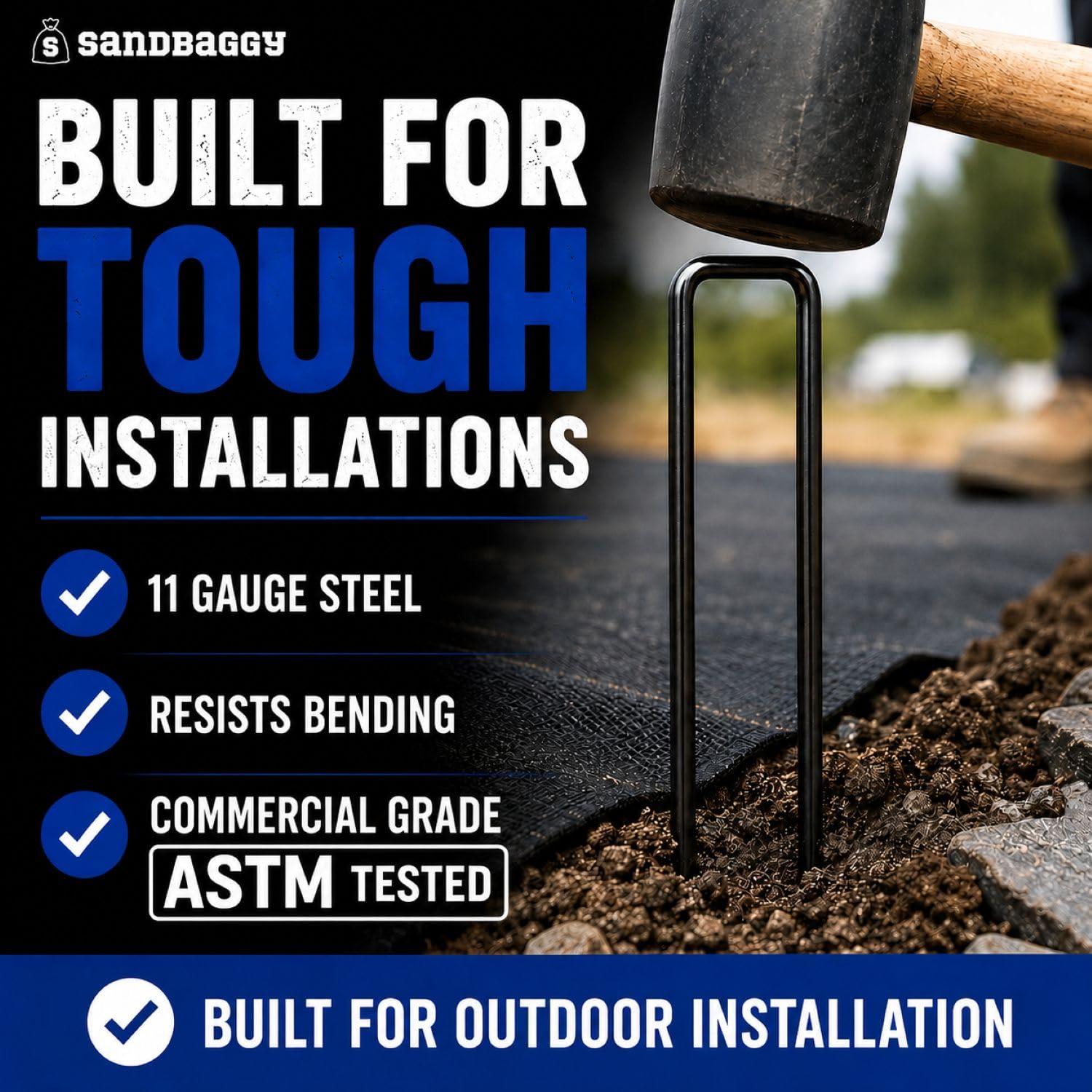 Sandbaggy lifestyle shot gardener using mallet for faster, safer installation
