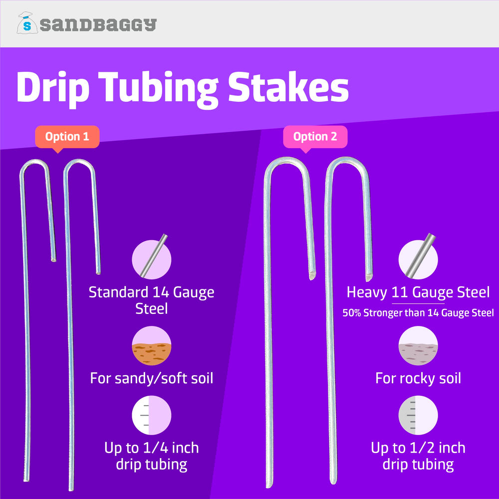 Sandbaggy stakes used in a raised bed landscape, neat irrigation layout benefit