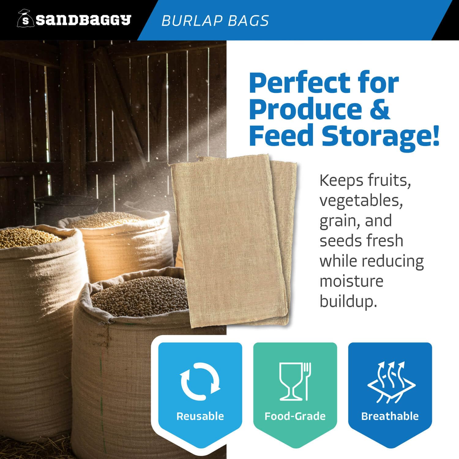 Sandbaggy holding potatoes for produce storage and breathability