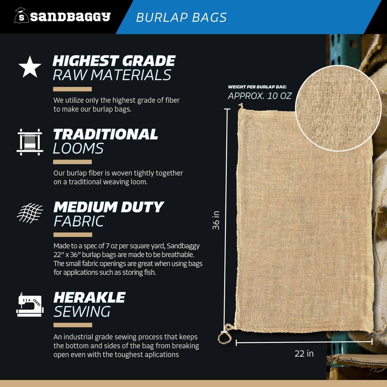 Sandbaggy bag next to hand for scale showing 22 by 36 inch size clarity
