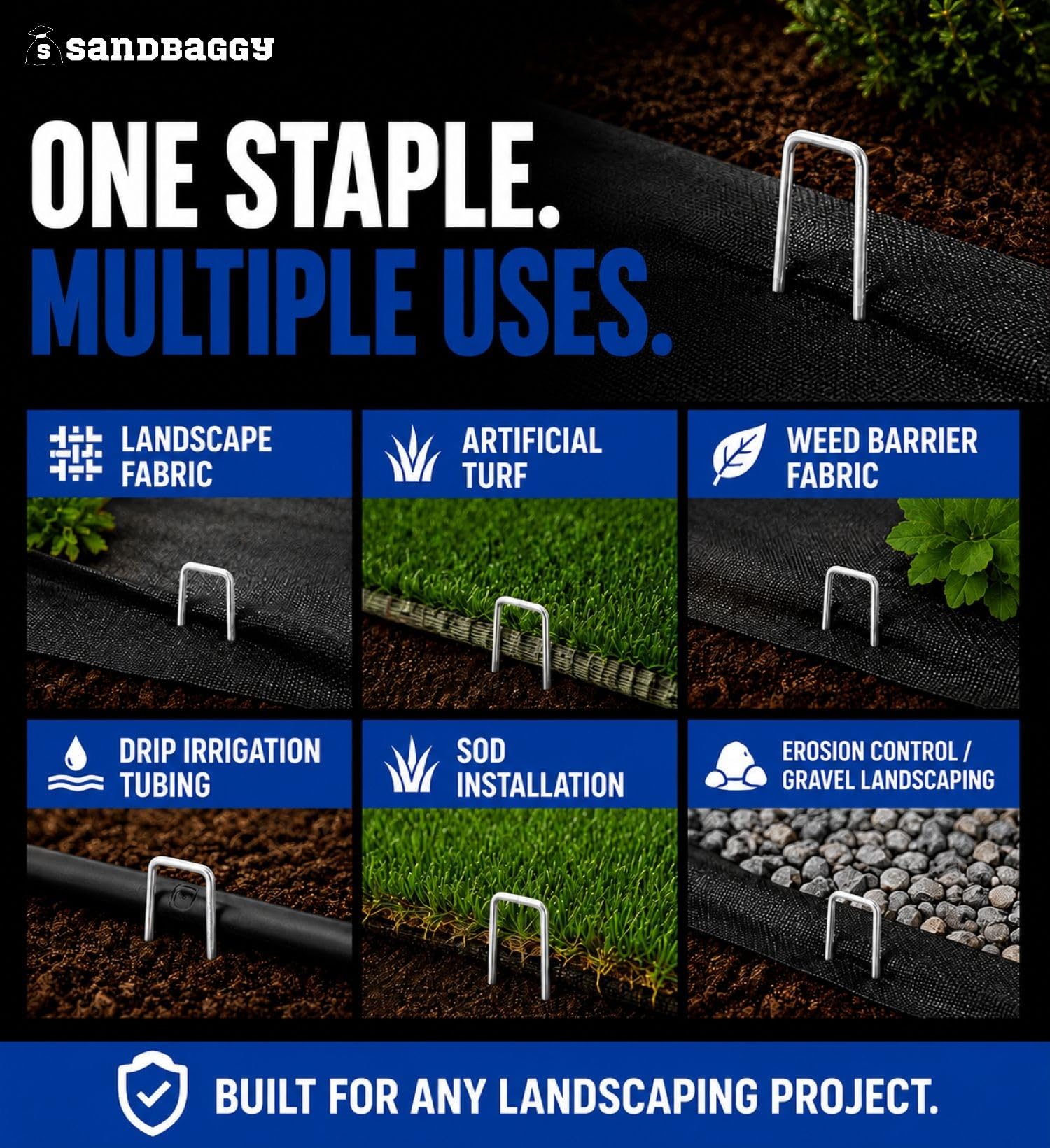 Sandbaggy staples holding landscape fabric in place for stability