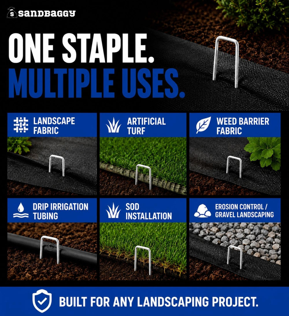 Sandbaggy staples holding landscape fabric in place for stability