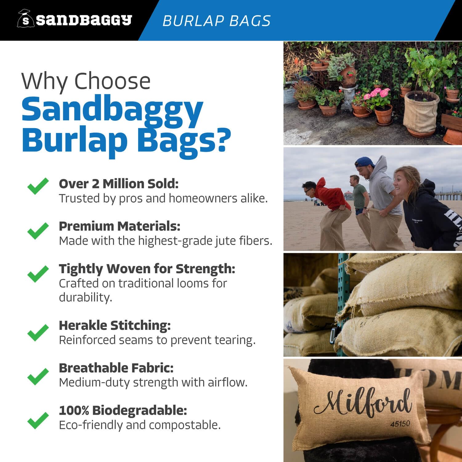 Sandbaggy reinforced stitching close-up, strong seams prevent tearing