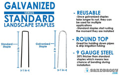 Sandbaggy staples next to ruler showing 6-inch size for correct fit