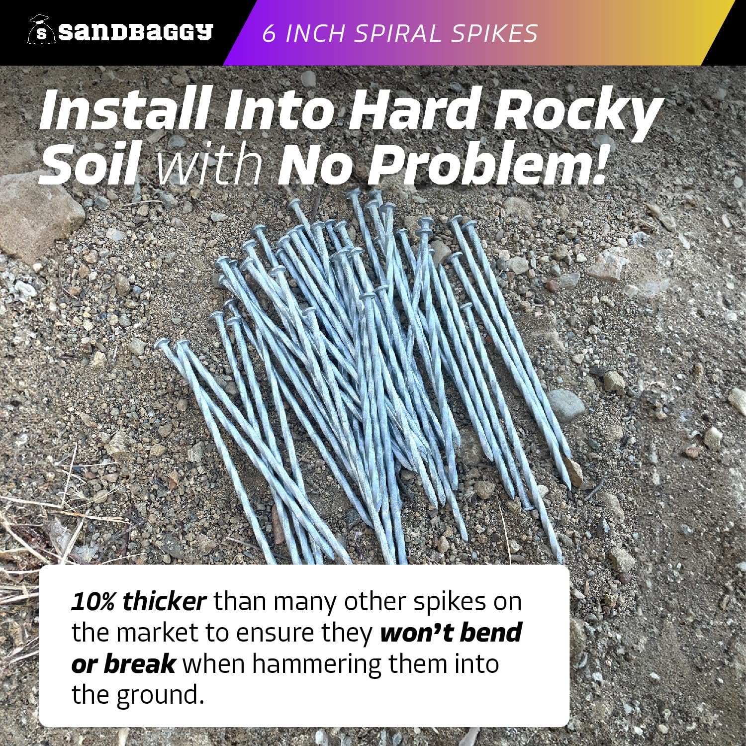 Sandbaggy stakes driven into rocky soil demonstrating strength and penetration