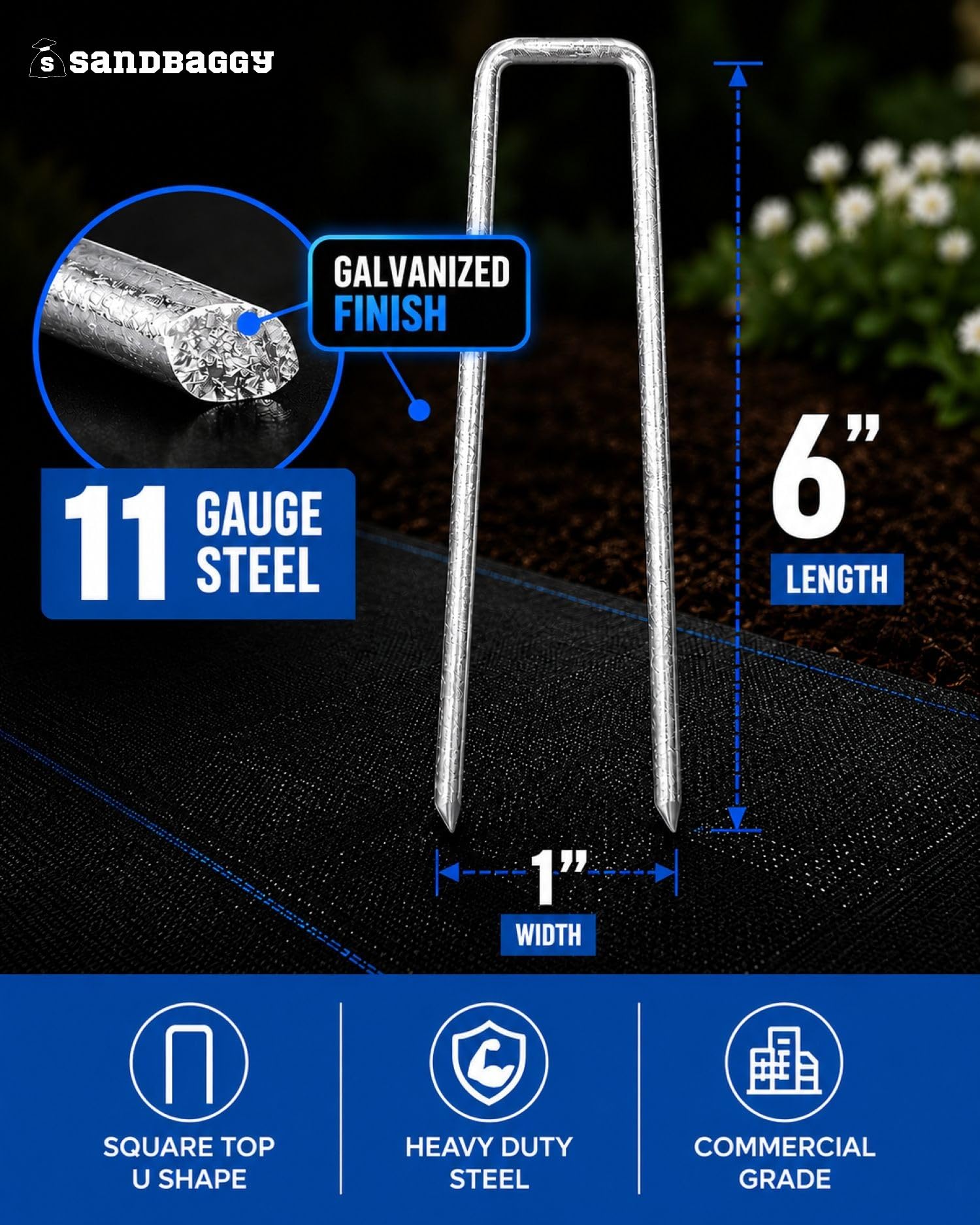 Sandbaggy stakes driven into soil providing secure anchoring