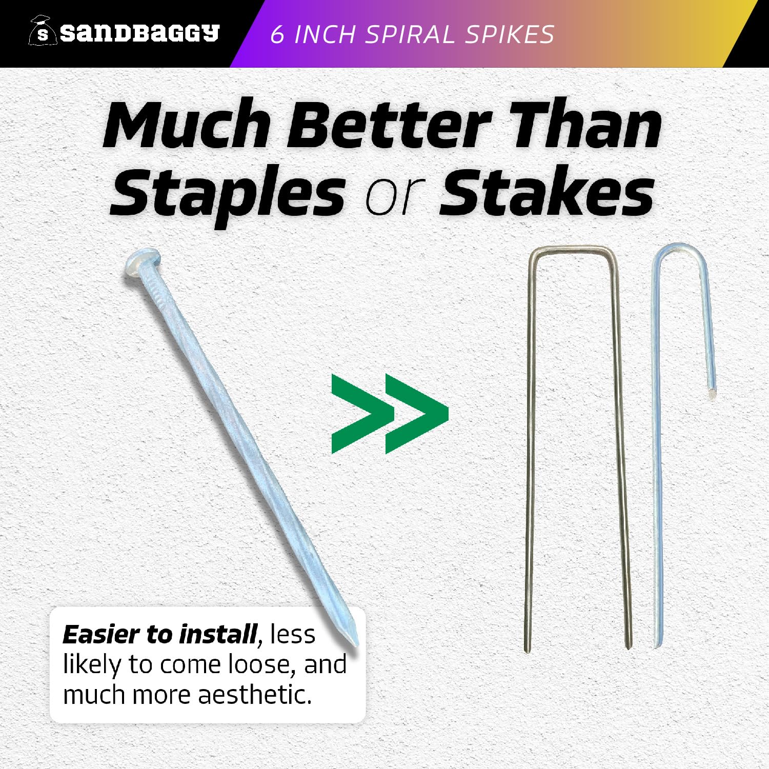 Sandbaggy stakes next to ruler showing precise 6-inch length and dimensions