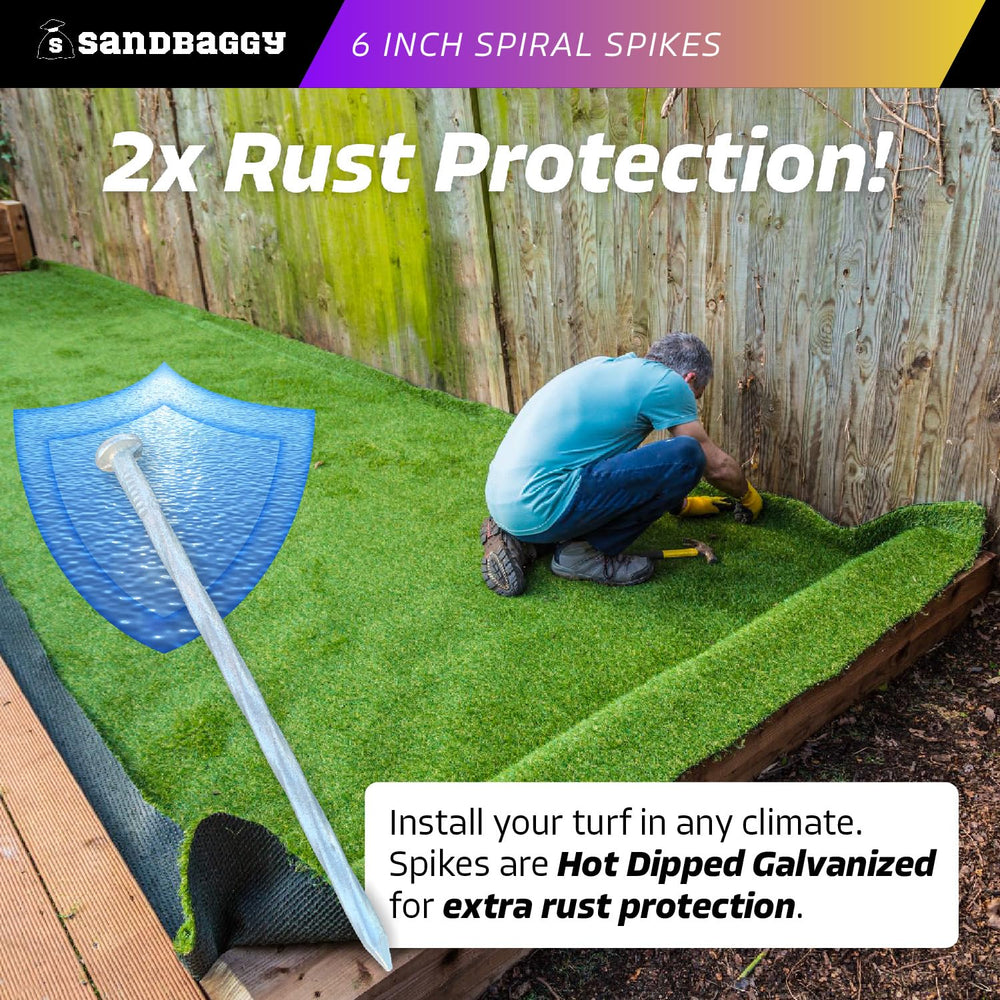 Sandbaggy stakes anchoring artificial turf for a flat secure lawn finish