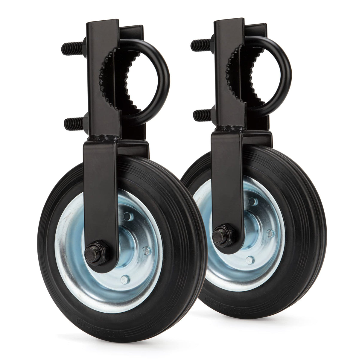 SANKINS gate helper wheel front view showing sturdy wheel and bracket for reliable support