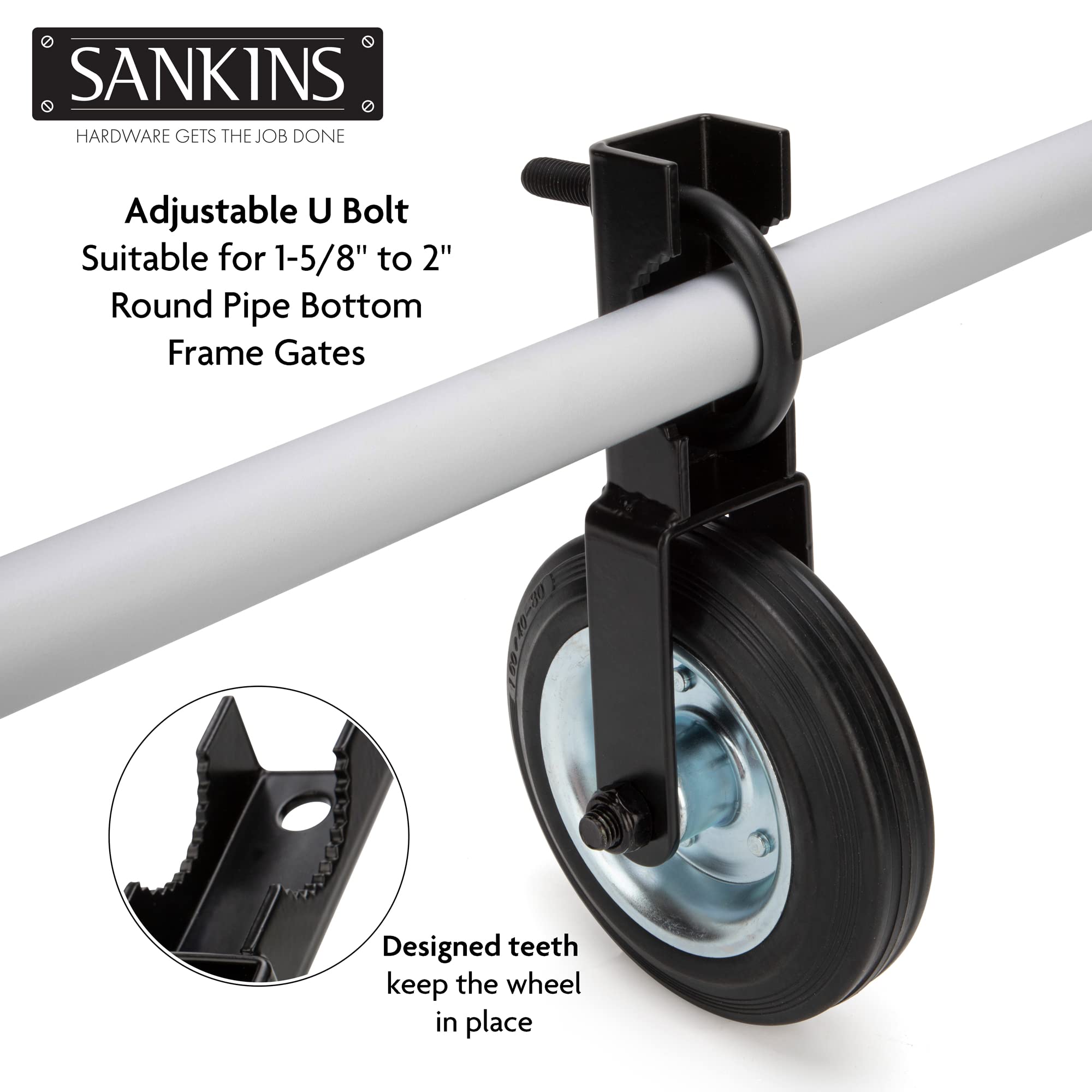 SANKINS gate wheel supporting a farm gate in field for easier opening and less sag