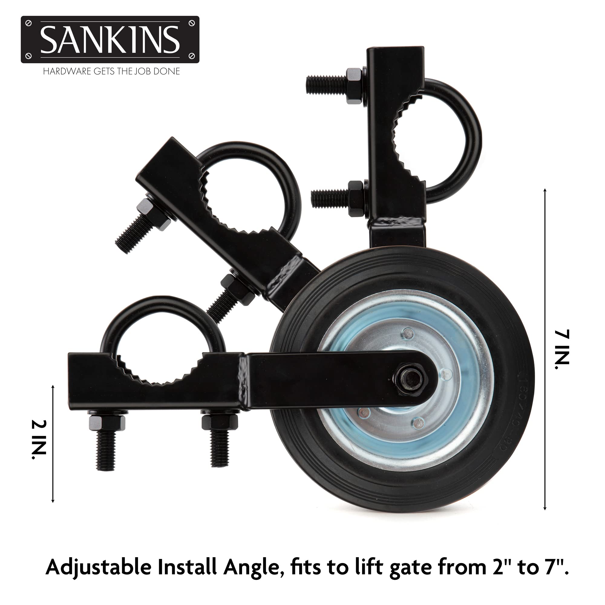 SANKINS wheel mounted on round gate pipe demonstrating secure clamp grip and stability