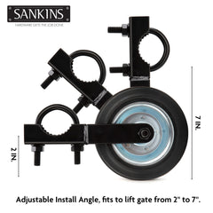 SANKINS wheel mounted on round gate pipe demonstrating secure clamp grip and stability