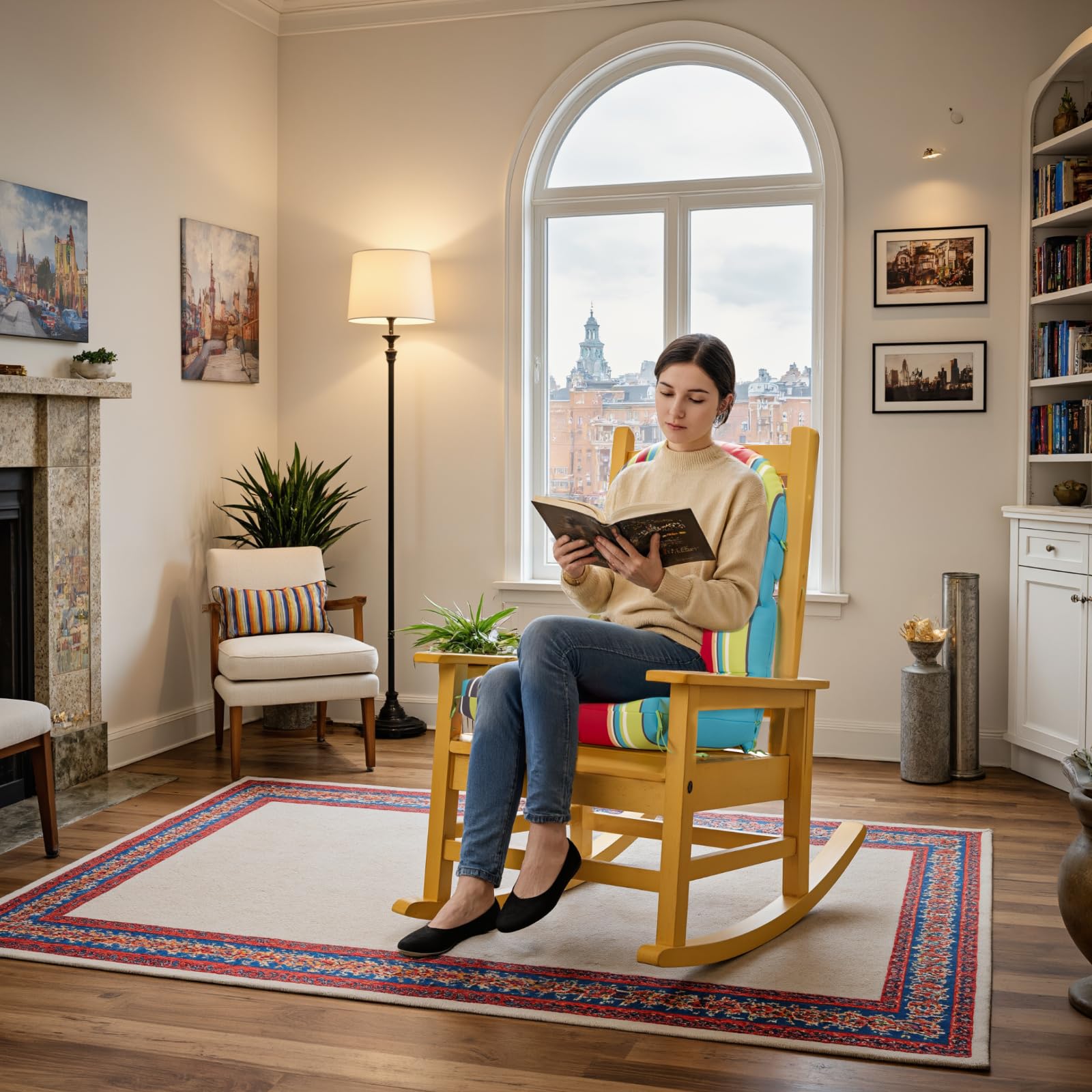 Sannwsg on a wood Adirondack chair showing added patio comfort