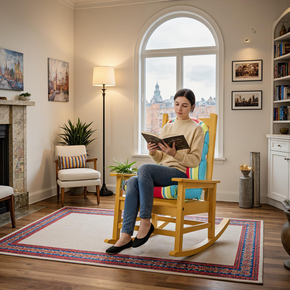 Sannwsg on a wood Adirondack chair showing added patio comfort