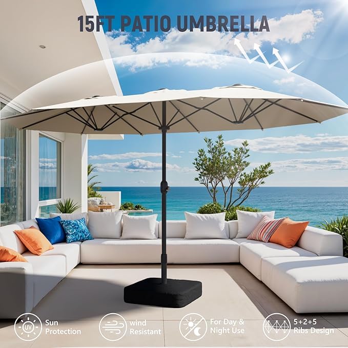 Sannwsg patio scene with family under umbrella illustrating comfortable shaded living benefit