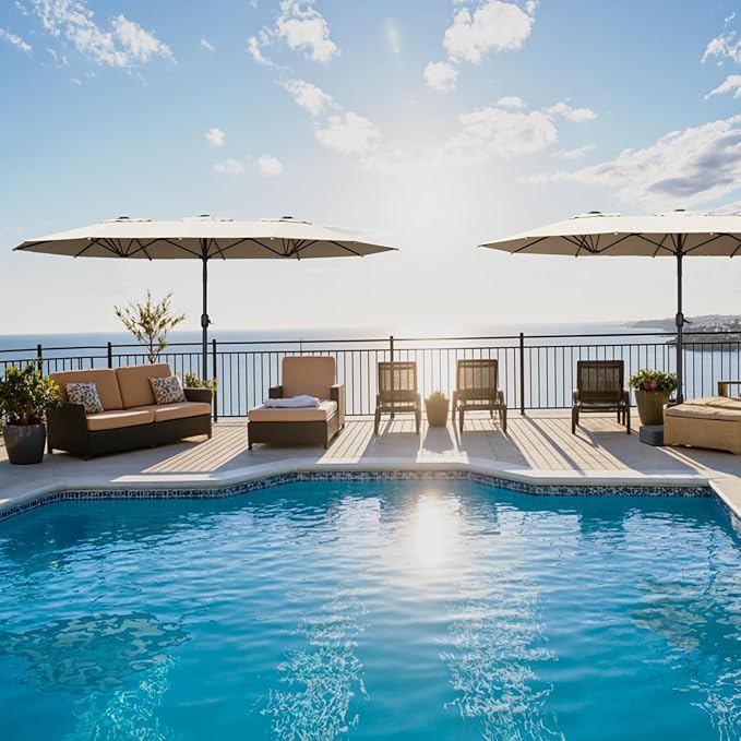 Sannwsg umbrella next to outdoor furniture showing scale and large shade benefit