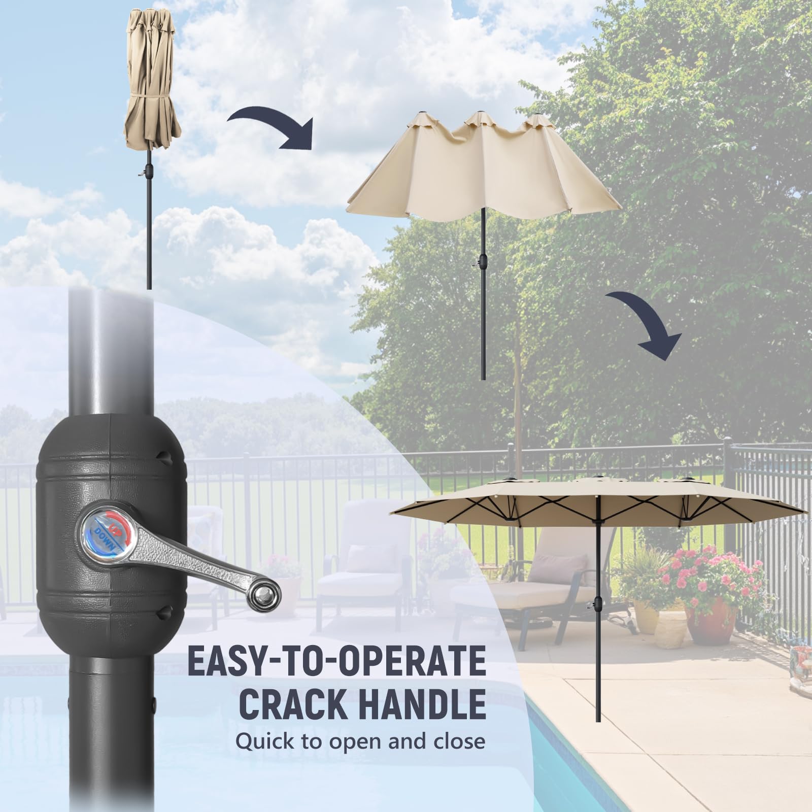 Sannwsg umbrella shading large outdoor dining setup for family gatherings