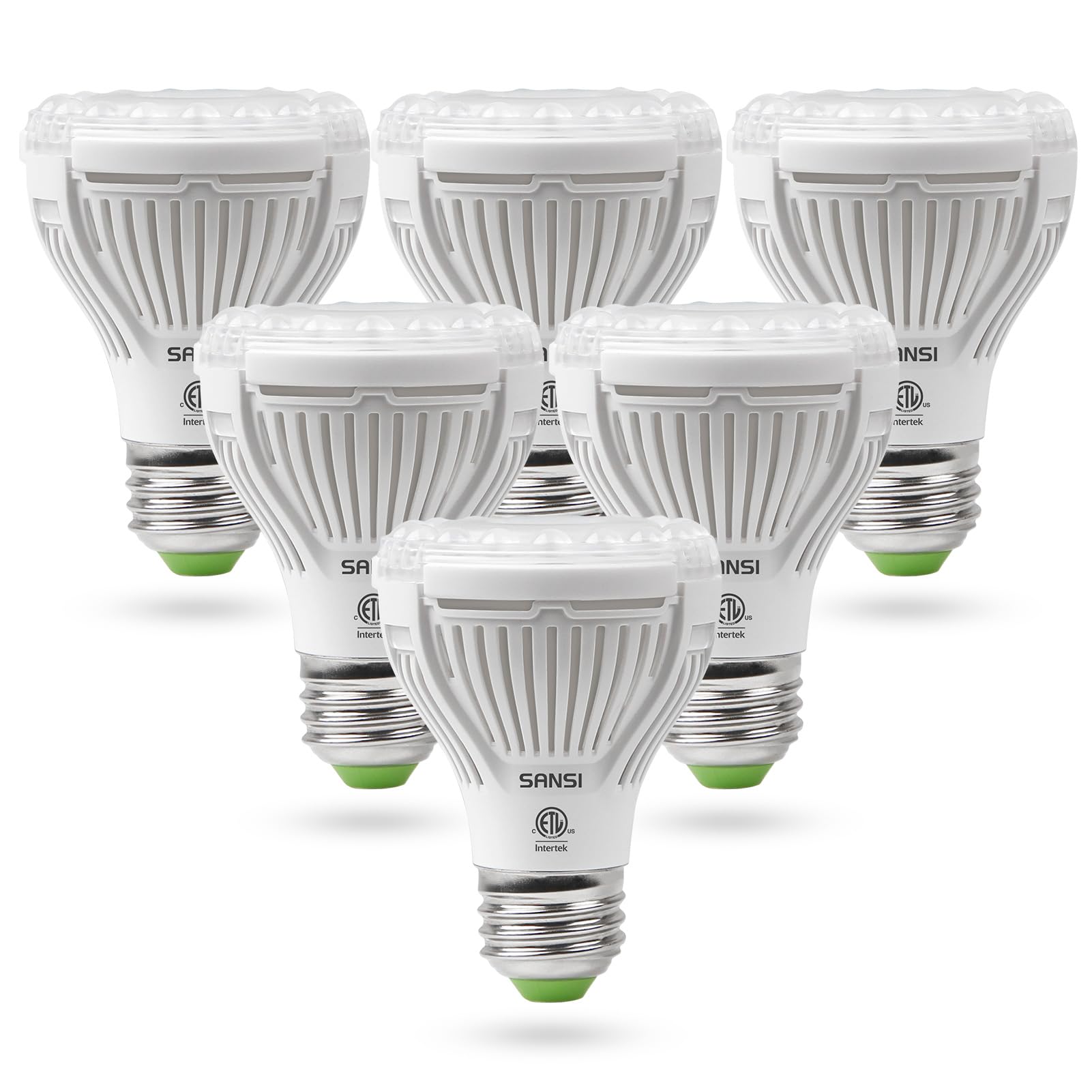 SANSI 6-pack front view showing bulbs and E26 bases for easy installation and reliable lighting