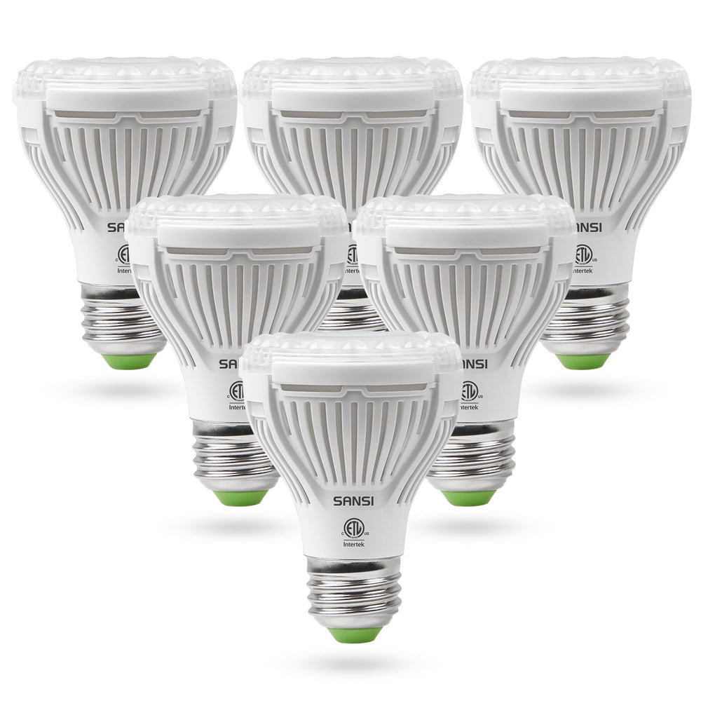 SANSI 6-pack front view showing bulbs and E26 bases for easy installation and reliable lighting