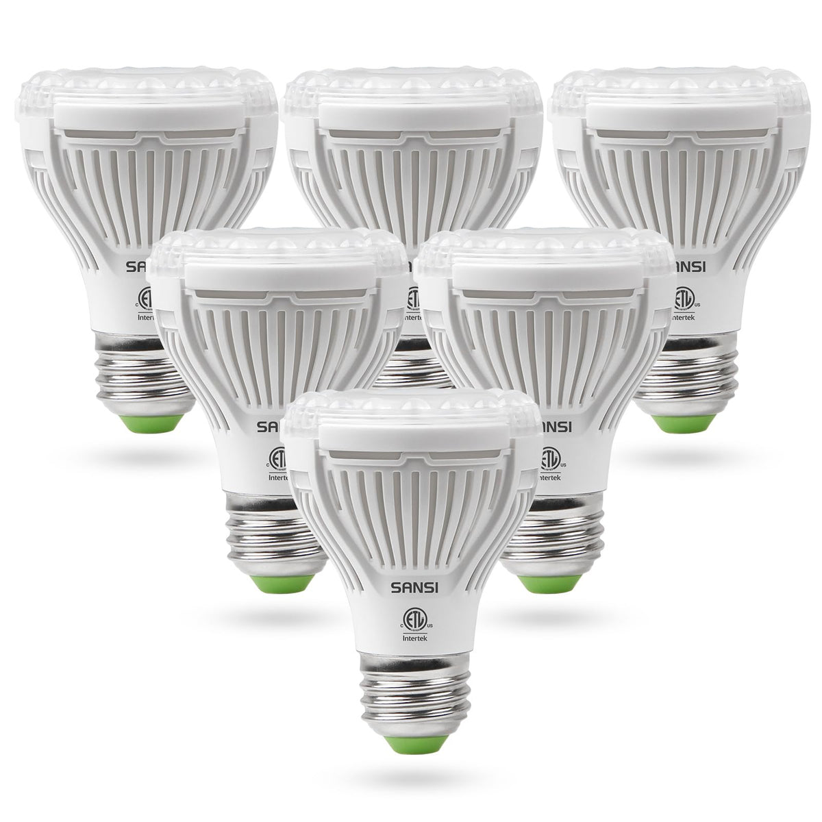SANSI 6-pack front view showing bulbs and E26 bases for easy installation and reliable lighting