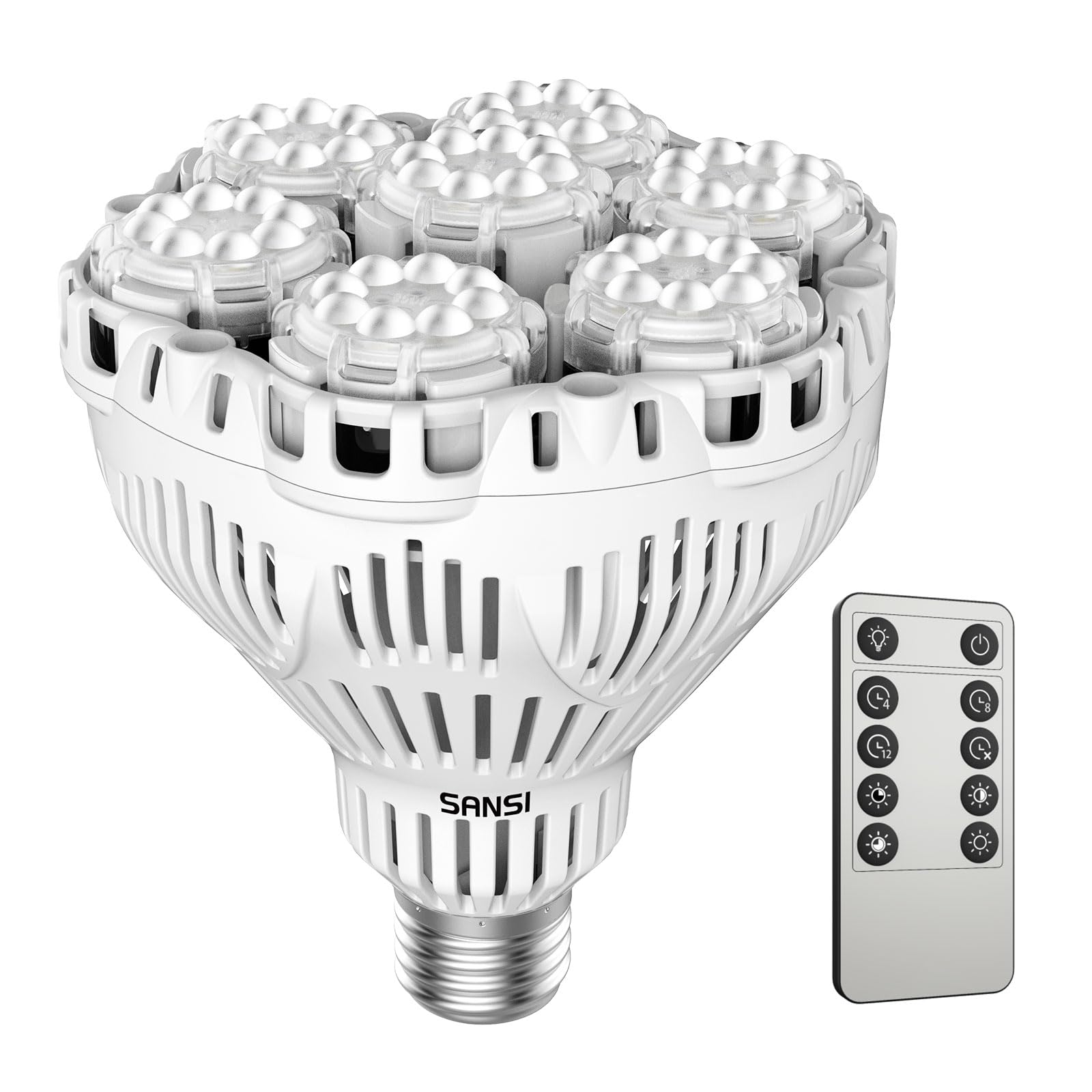 SANSI grow bulb front view showing bright LED array and energy-saving benefit