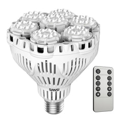 SANSI grow bulb front view showing bright LED array and energy-saving benefit