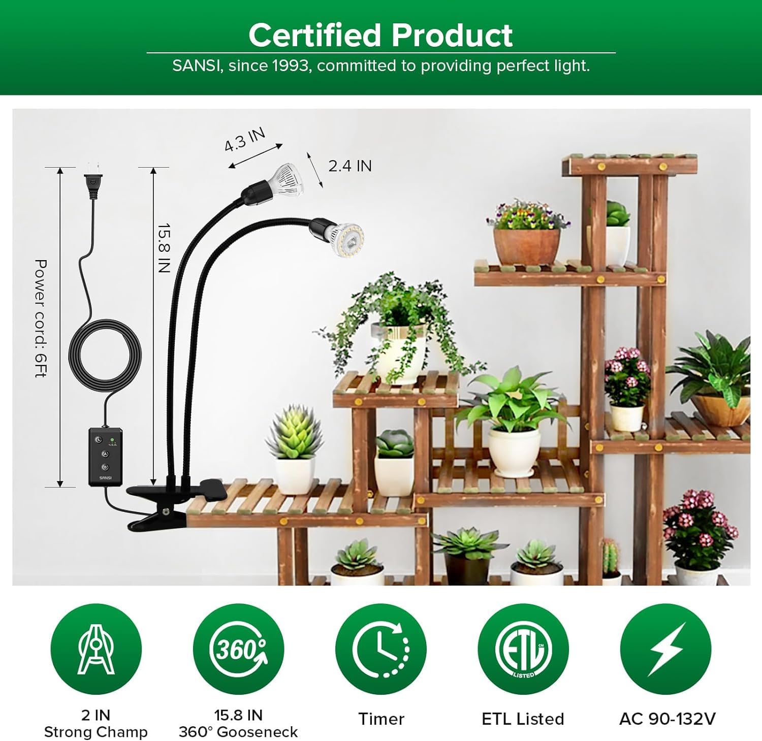 SANSI hanging over plant stand supplying targeted light for multiple pots