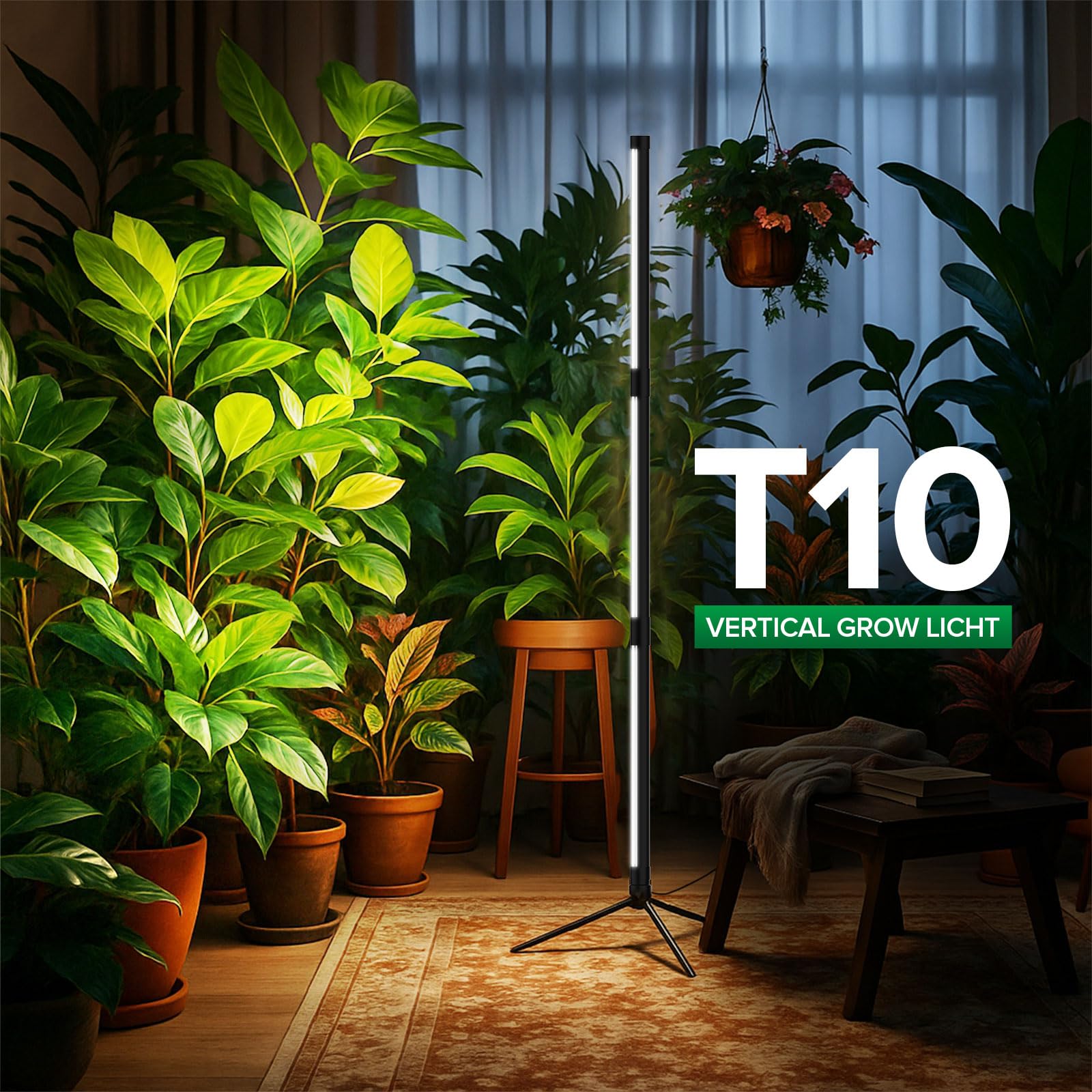 SANSI size comparison beside tall houseplant to show 52-inch maximum height