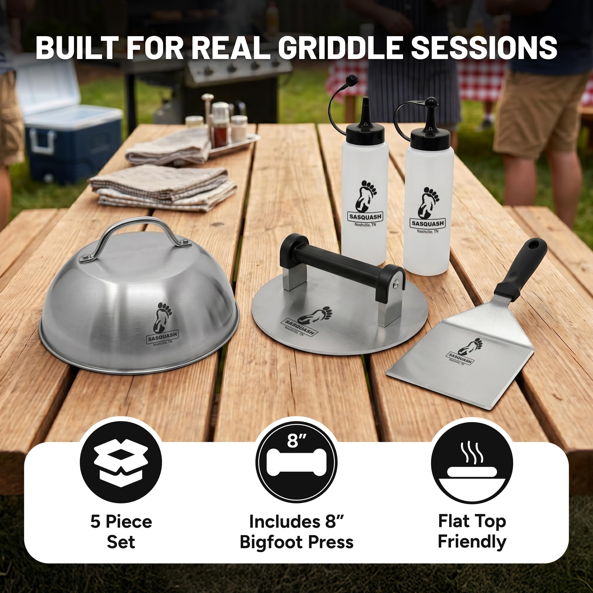 Sasquash wide spatula blade by Sasquash lifting patties with precise coverage
