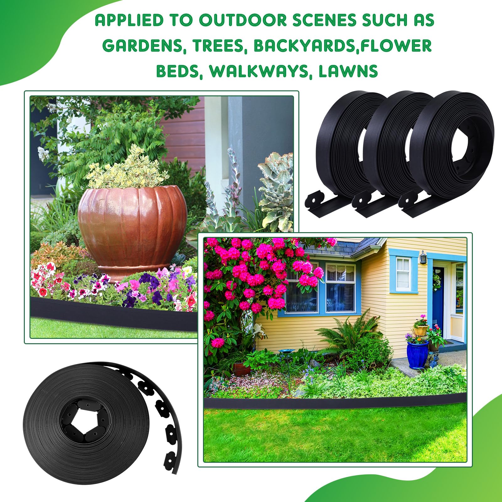 Sasylvia flexible edging installed around curved flower bed for clean separation