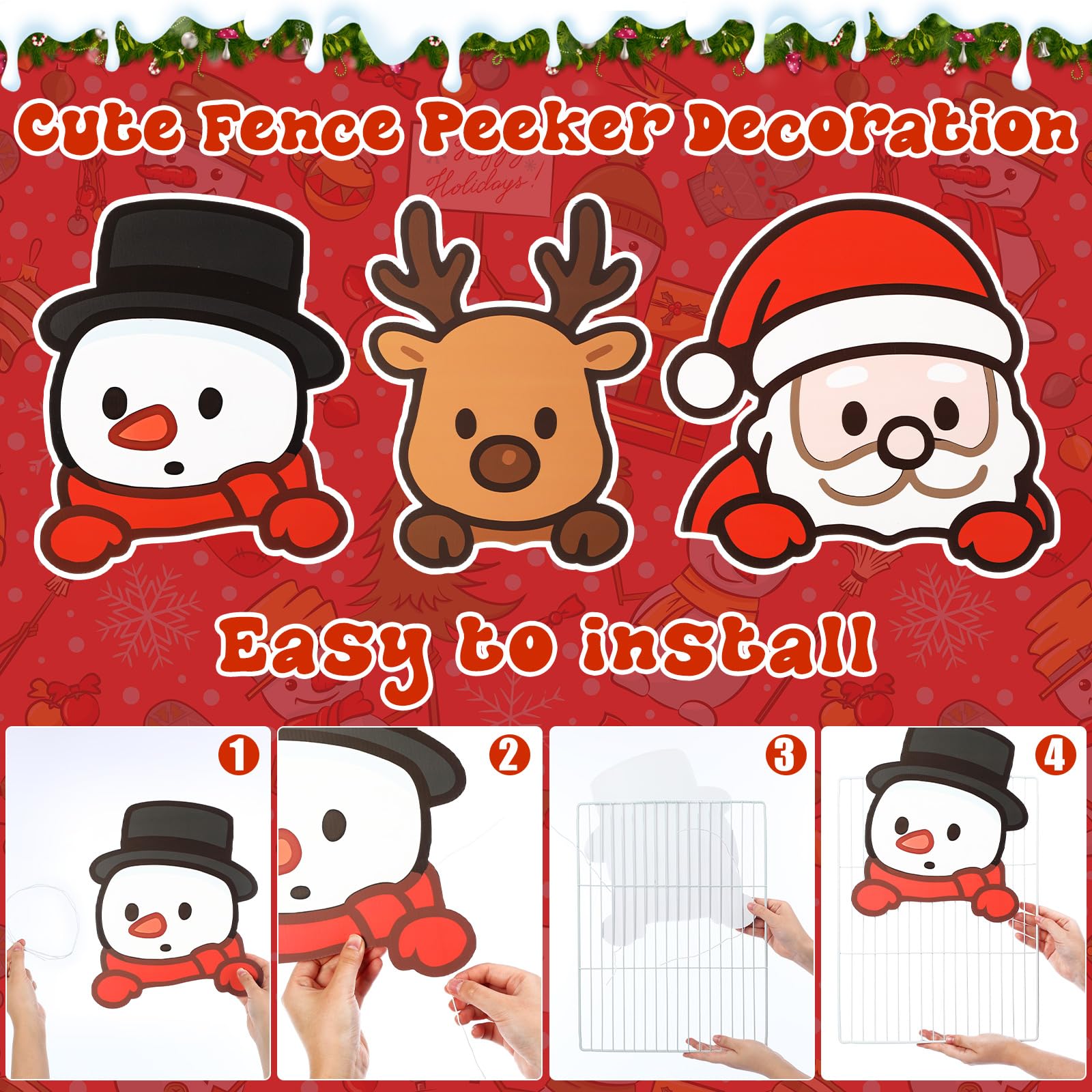 Sasylvia Santa deer snowman peekers close-up adding whimsical holiday charm