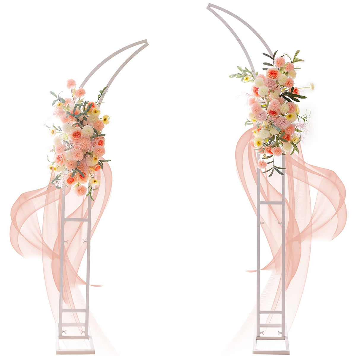 SATBIR arch front view showing white metal backdrop providing elegant event focal point