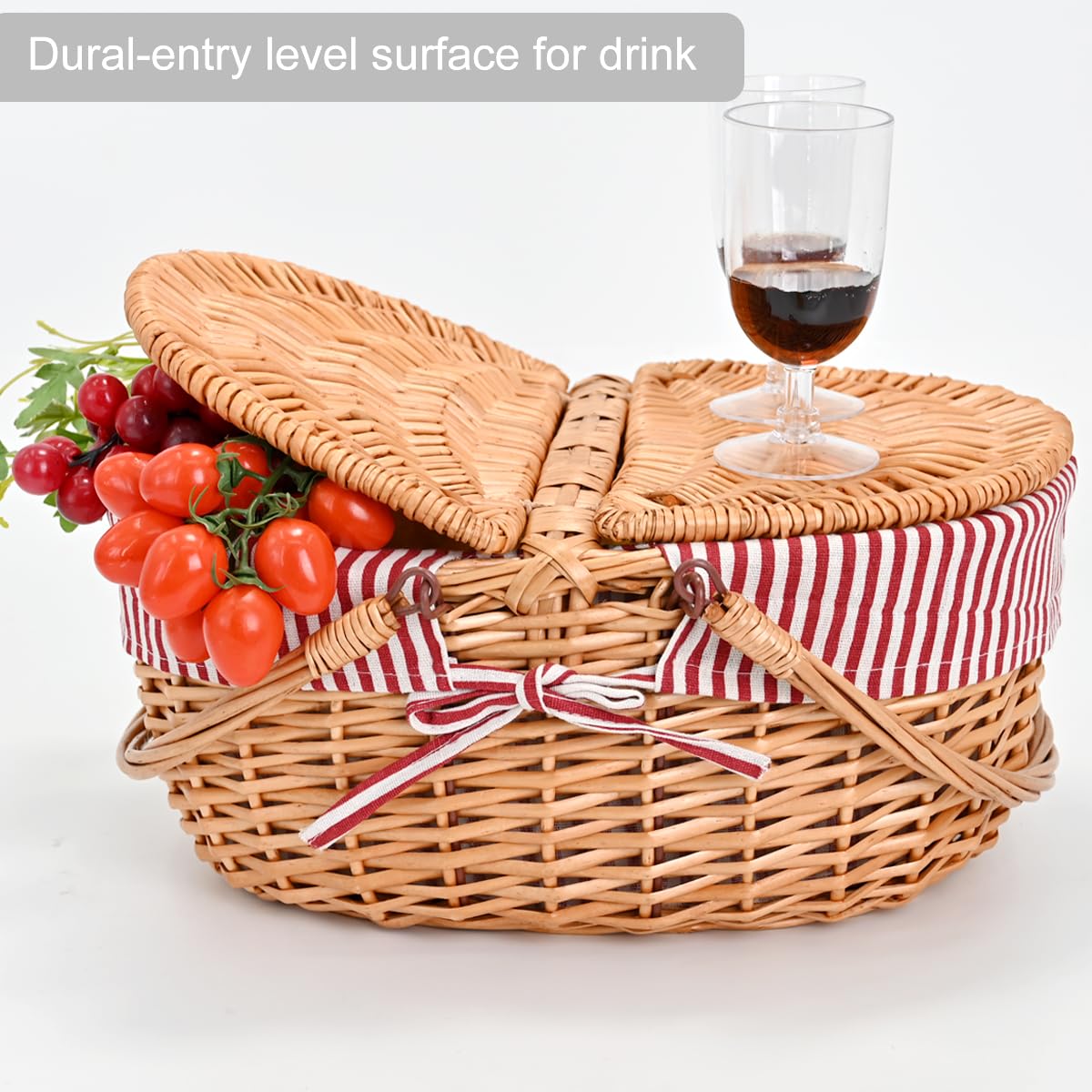 SatisInside picnic basket on grass with plates, stylish outdoor dining benefit