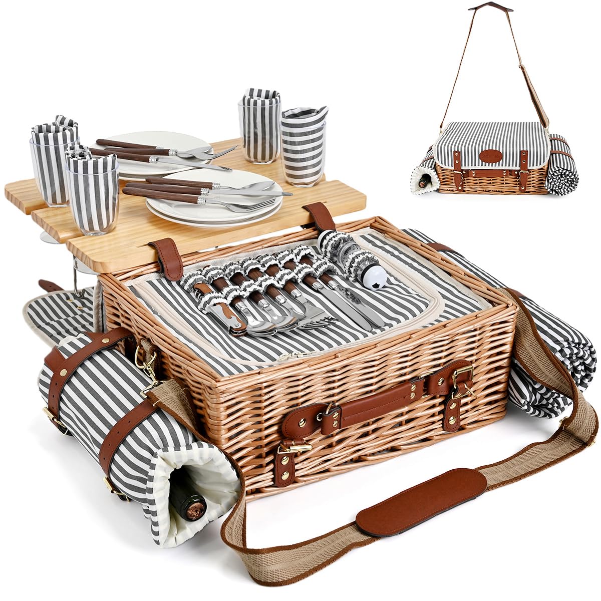 SatisInside front-view wicker basket with closed lid showing elegant carry benefits