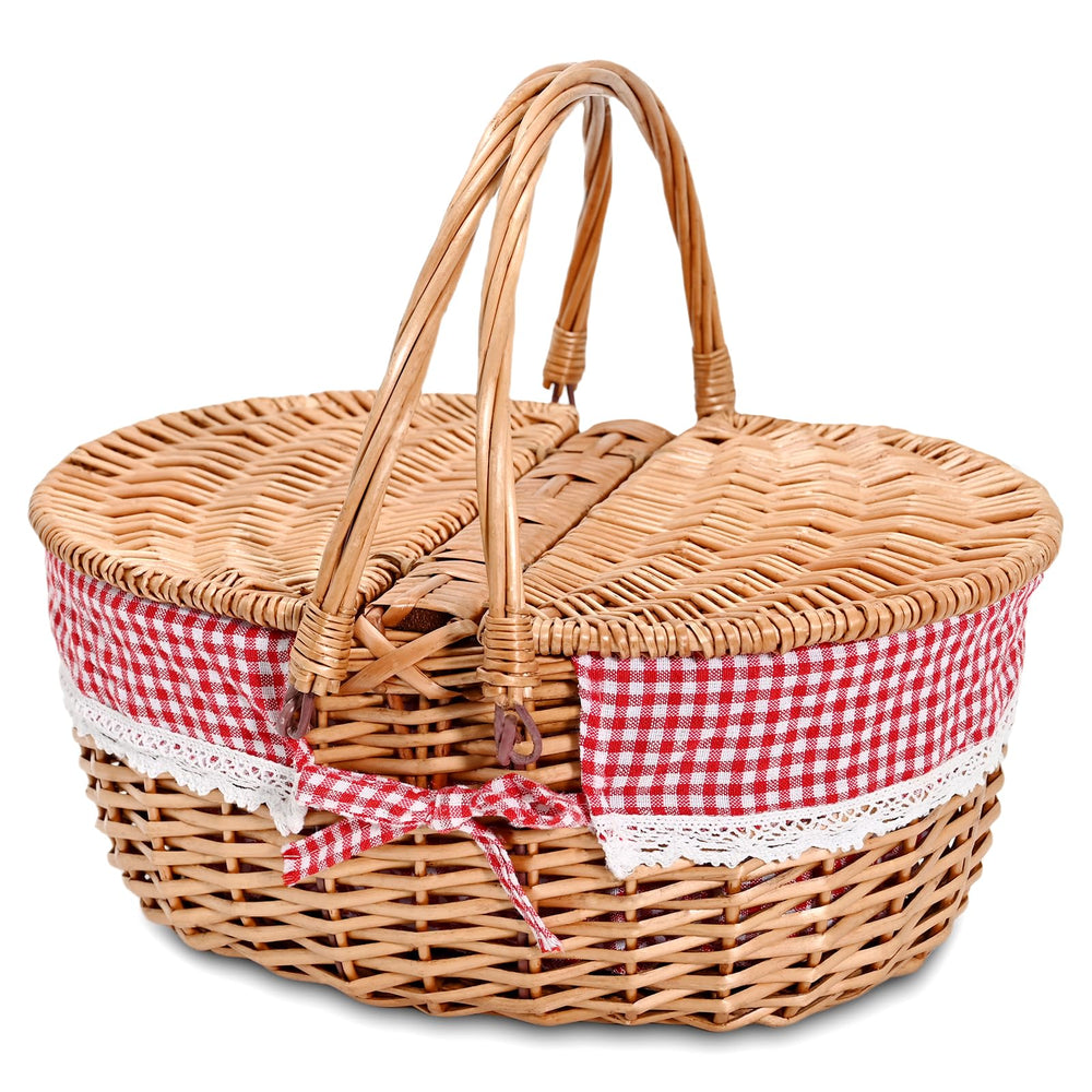 SatisInside front view of checkered wicker basket showing picnic-ready design and portability