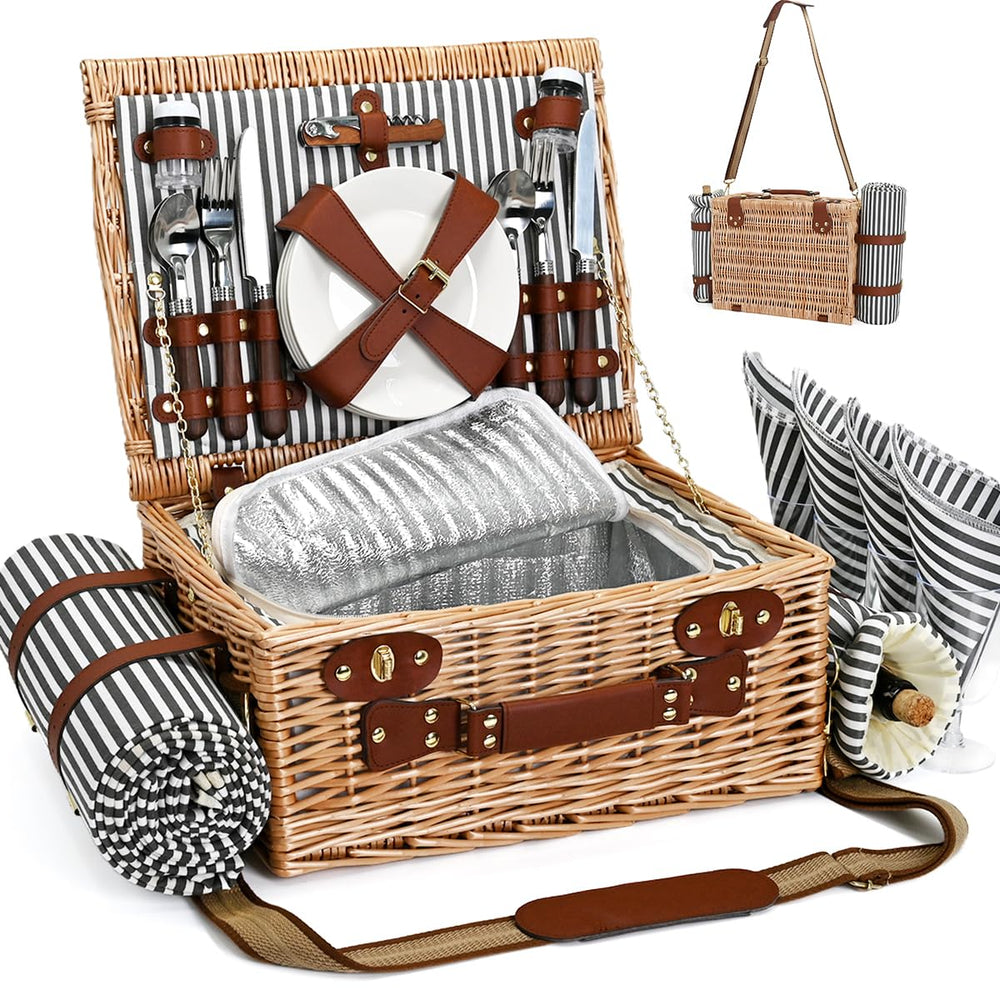SatisInside front view of wicker picnic basket showing full contents