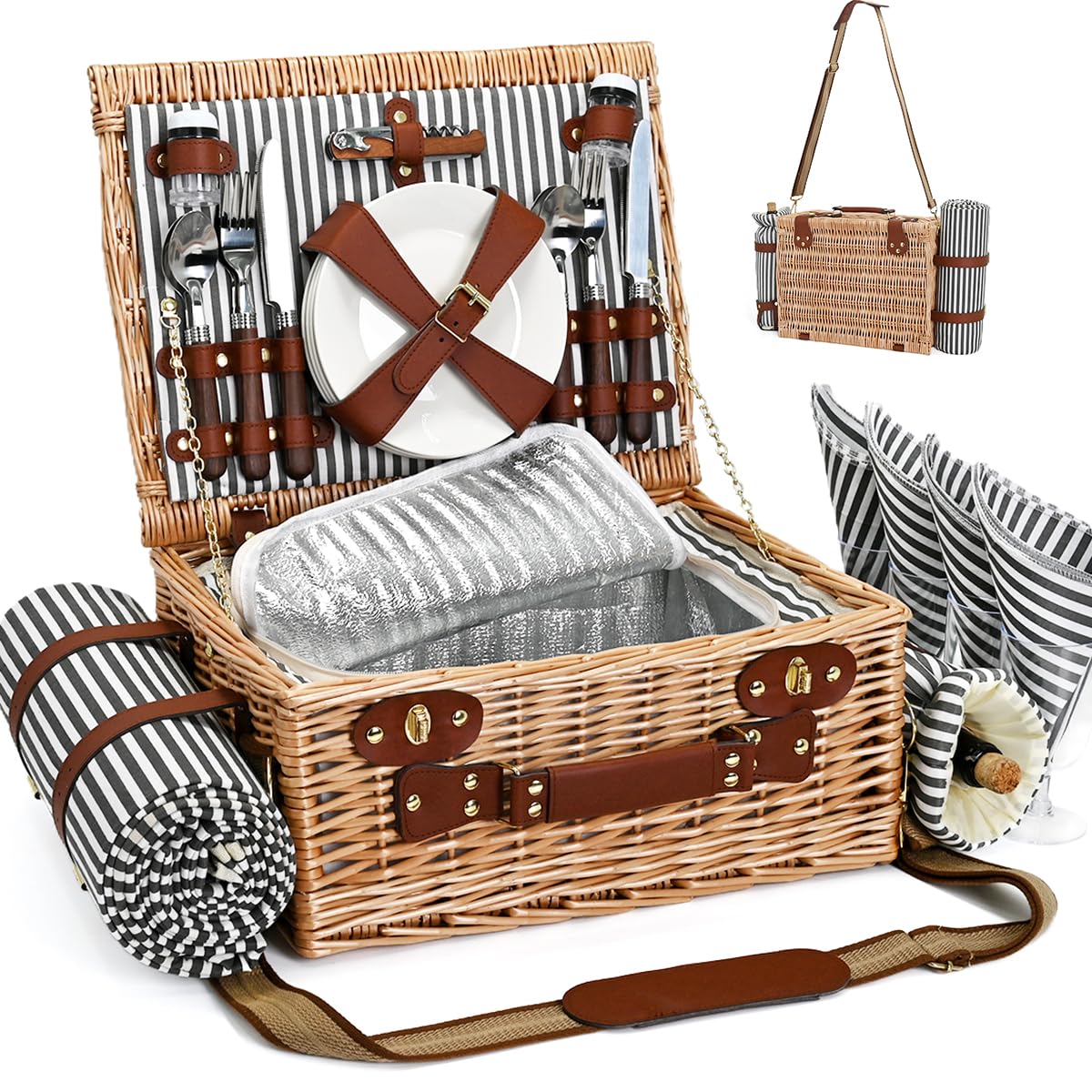 SatisInside front view of wicker picnic basket showing full contents