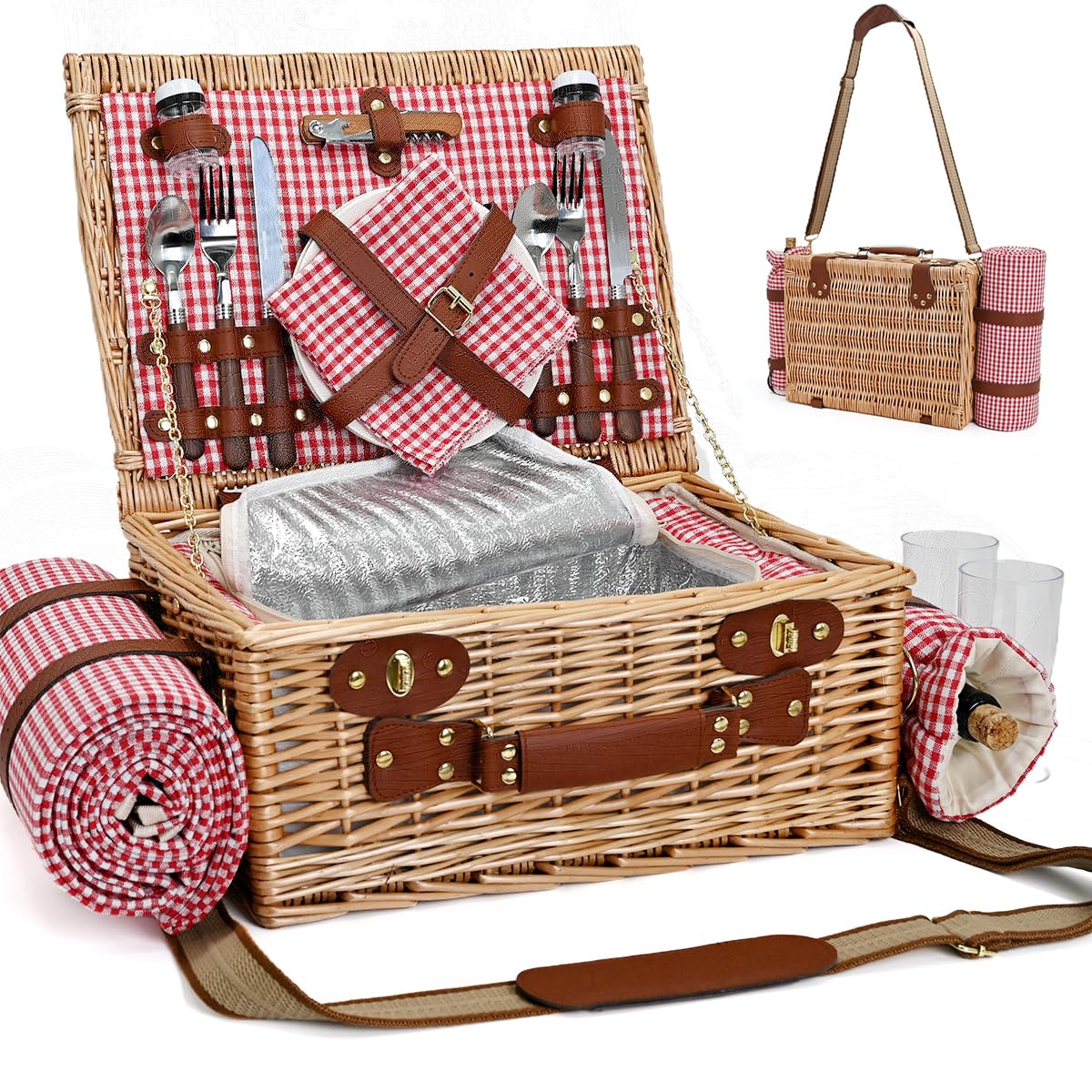 SatisInside front view of wicker basket showing complete picnic set benefit