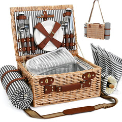 SatisInside front view of wicker picnic basket showing full contents
