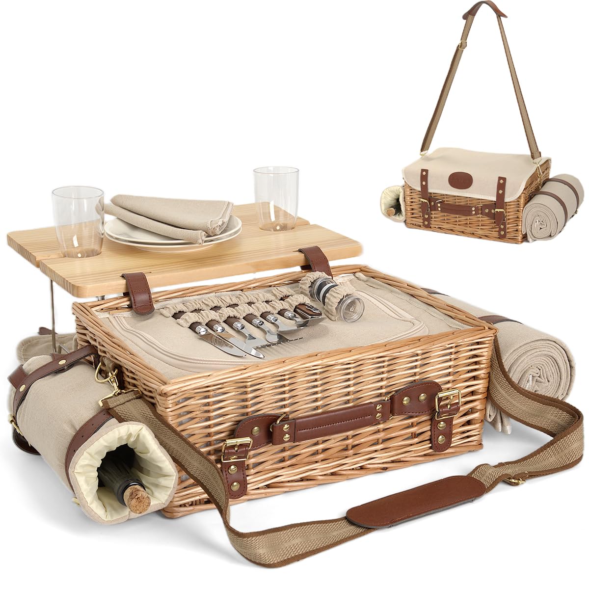 SatisInside front view of willow basket showing suitcase handle and natural finish benefits portability