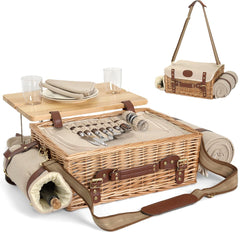 SatisInside front view of willow basket showing suitcase handle and natural finish benefits portability