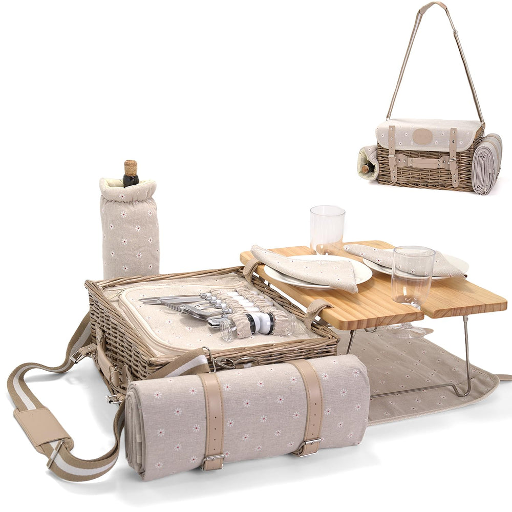 SatisInside couple enjoying picnic with basket and table, elevates outdoor dining experience